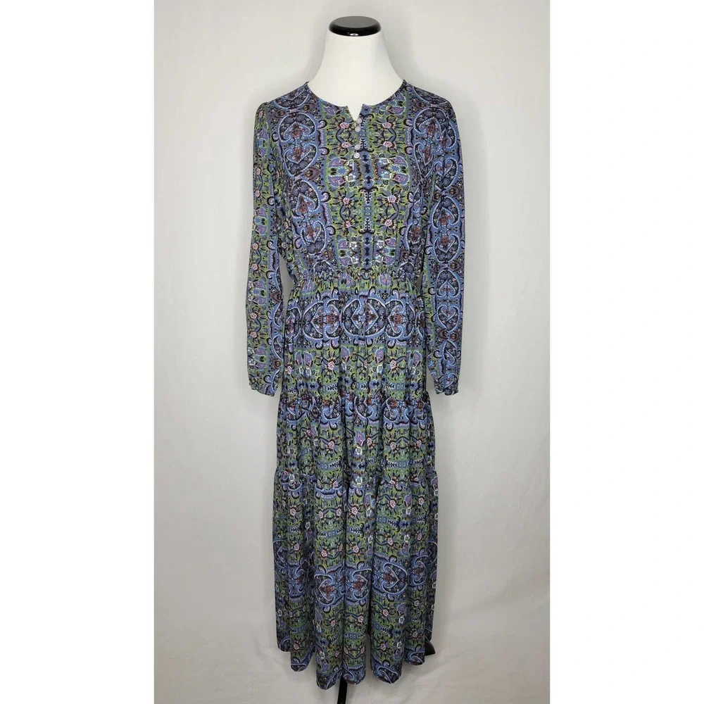Earthbound Trading Co Boho Print Paisley LS Maxi Dress Blue Green Size Medium
